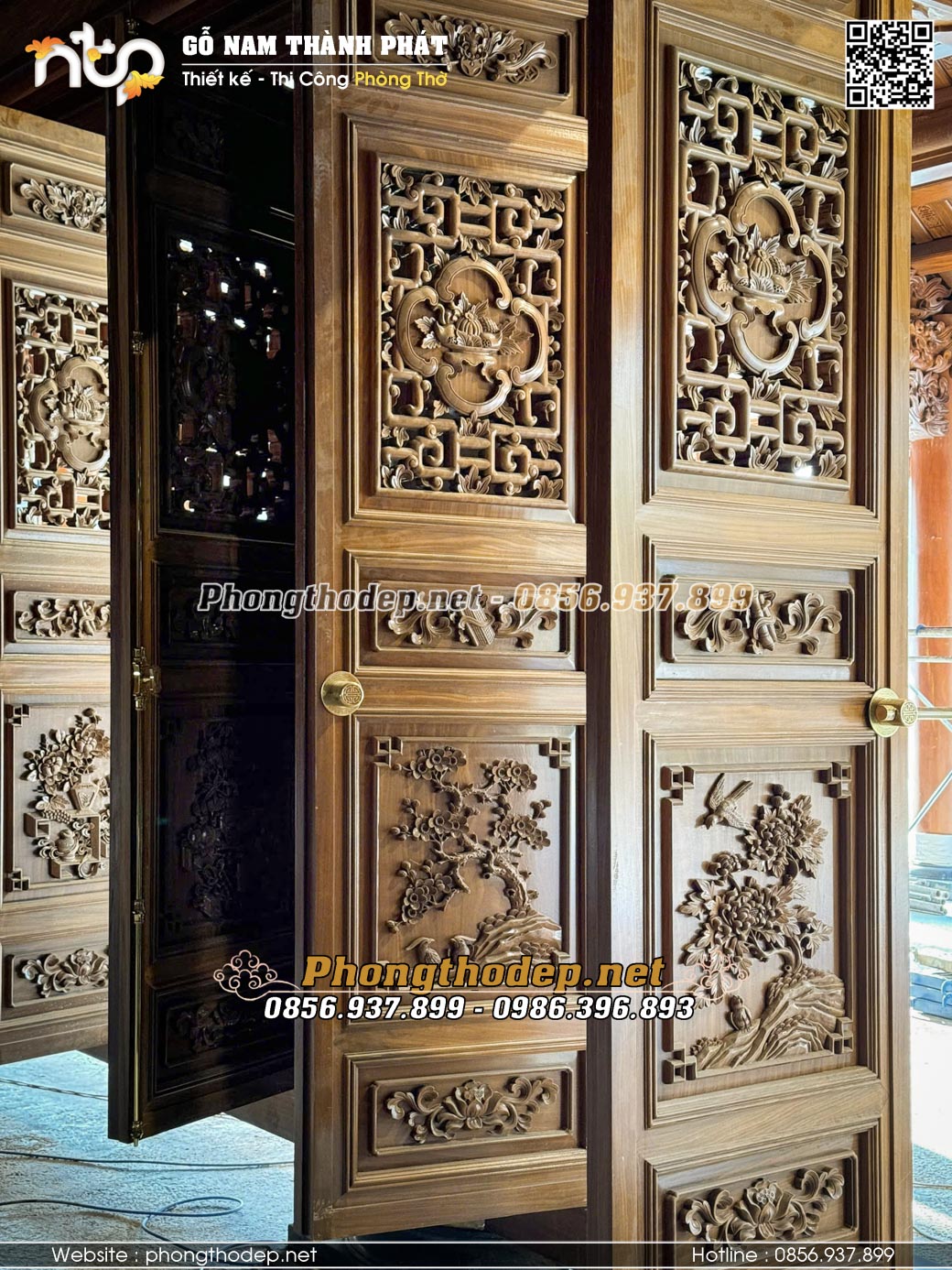 Cửa bức bàn nhà gỗ 5 gian gỗ cẩm vàng được thi công sắc nét